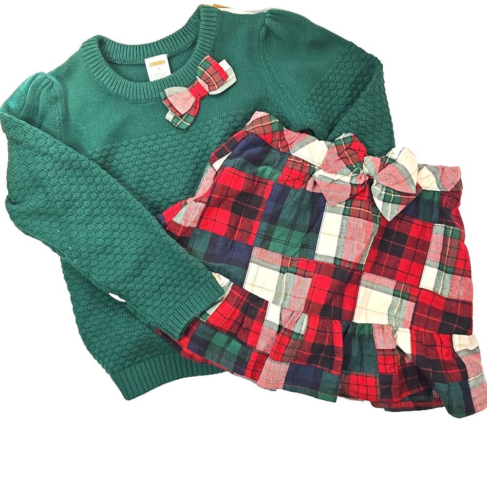 Gymboree Girls Size 6 Christmas Holiday Sweater Plaid Skirt Outfit 2 Pc Green